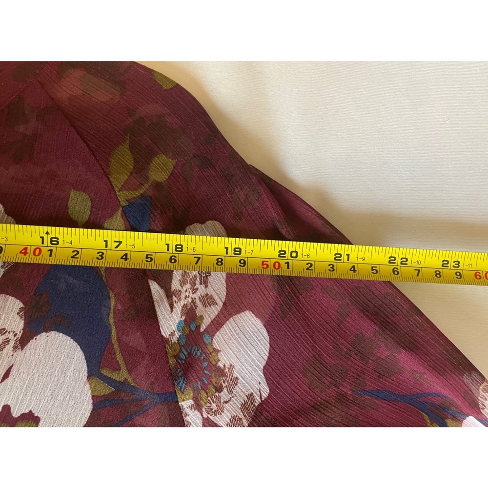 Kut from the Kloth Burgundy Floral Chiffon Blouse Tie Cuff Top Large KT60101 - Picture 5 of 9